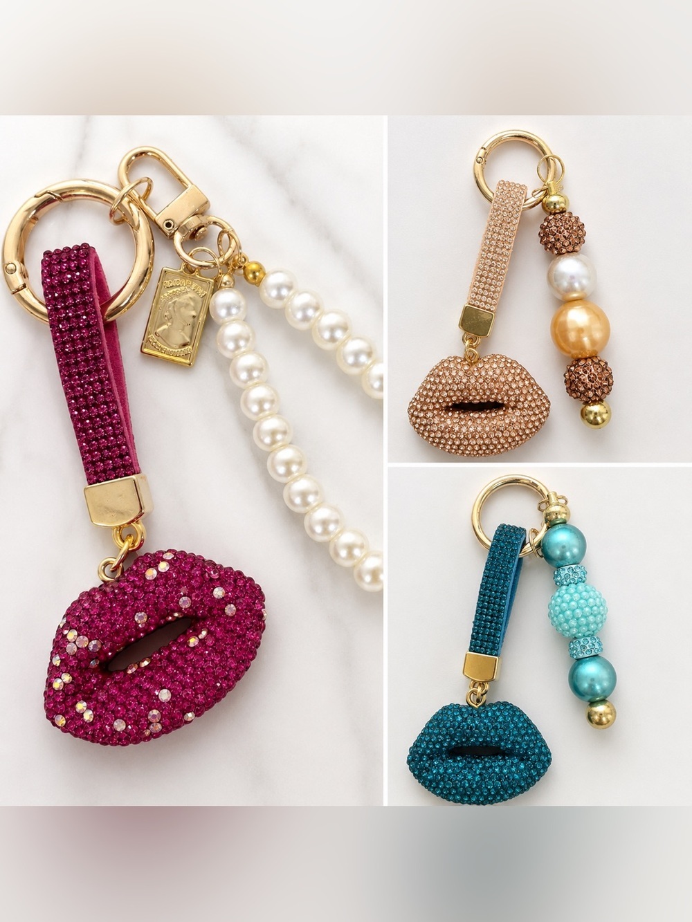 Bling Rhinestone Lips Keychain Bag Charm w/ Beads & Gold Tone Hardware
